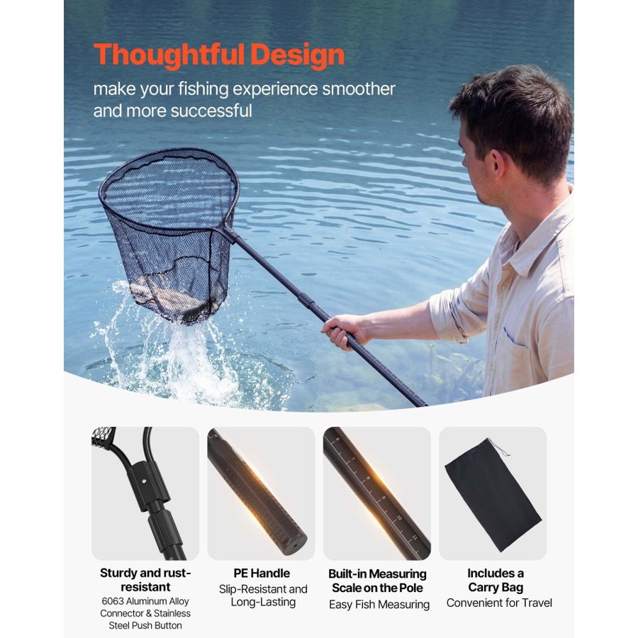 VEVOR Fishing Net, Landing Nets with Telescopic Handle, Portable Lightweight Stronger 6063 Aluminum Fish Gear, Nylon Covered PVC, Durable and Fish-friendly, 66 cm Net Opening for Saltwater Bait Fish