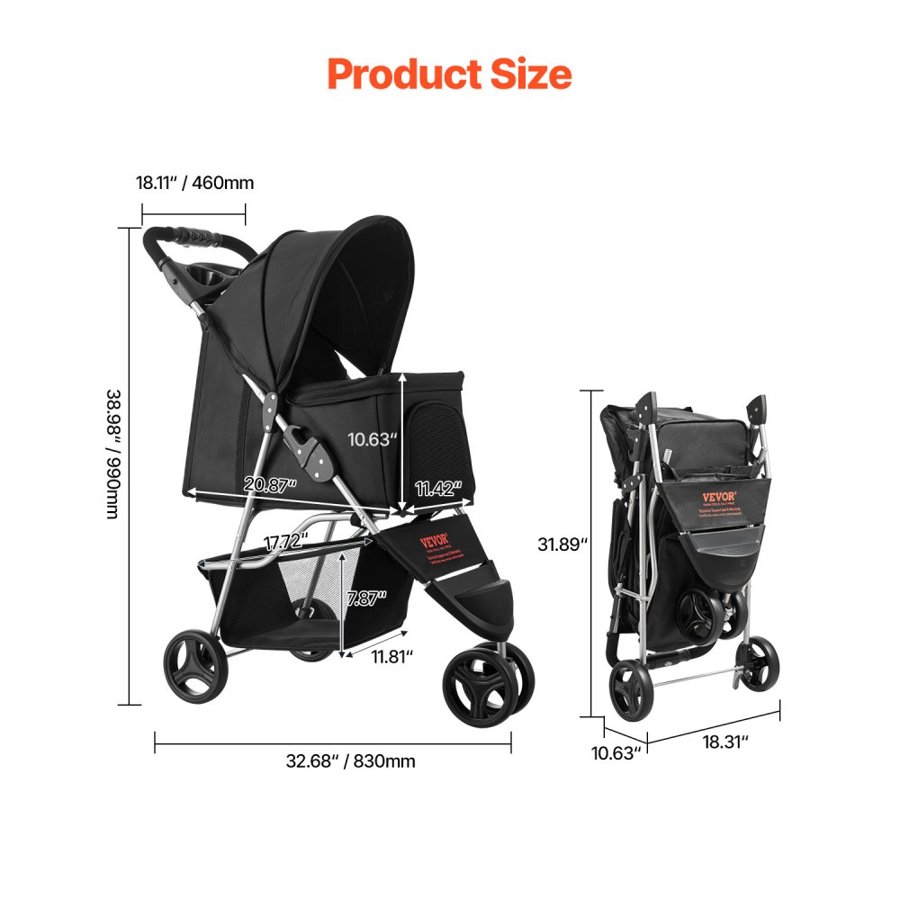 VEVOR Pet Stroller, 35 lbs Weight Capacity, Foldable Dog Stroller Cart, 3 Wheels Cats Stroller with Mesh Windows and Cup Holders, Portable Pet Carrier Stroller with Brake, for Small to Medium Pets