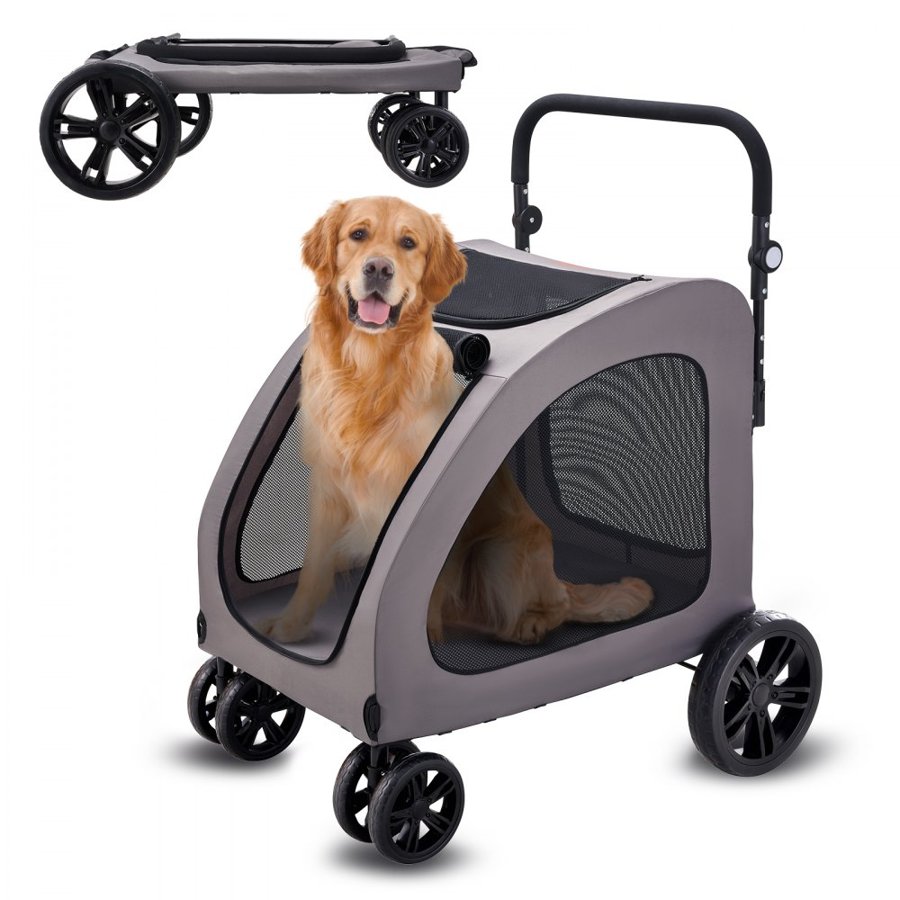 VEVOR Pet Stroller, 4 Wheels Dog Stroller with Brakes, 160lbs Weight Capacity, Portable Puppy Stroller Carrier with Breathable Mesh Windows & Height-Adjustable Height, Animal Stroller for Cats & Dogs