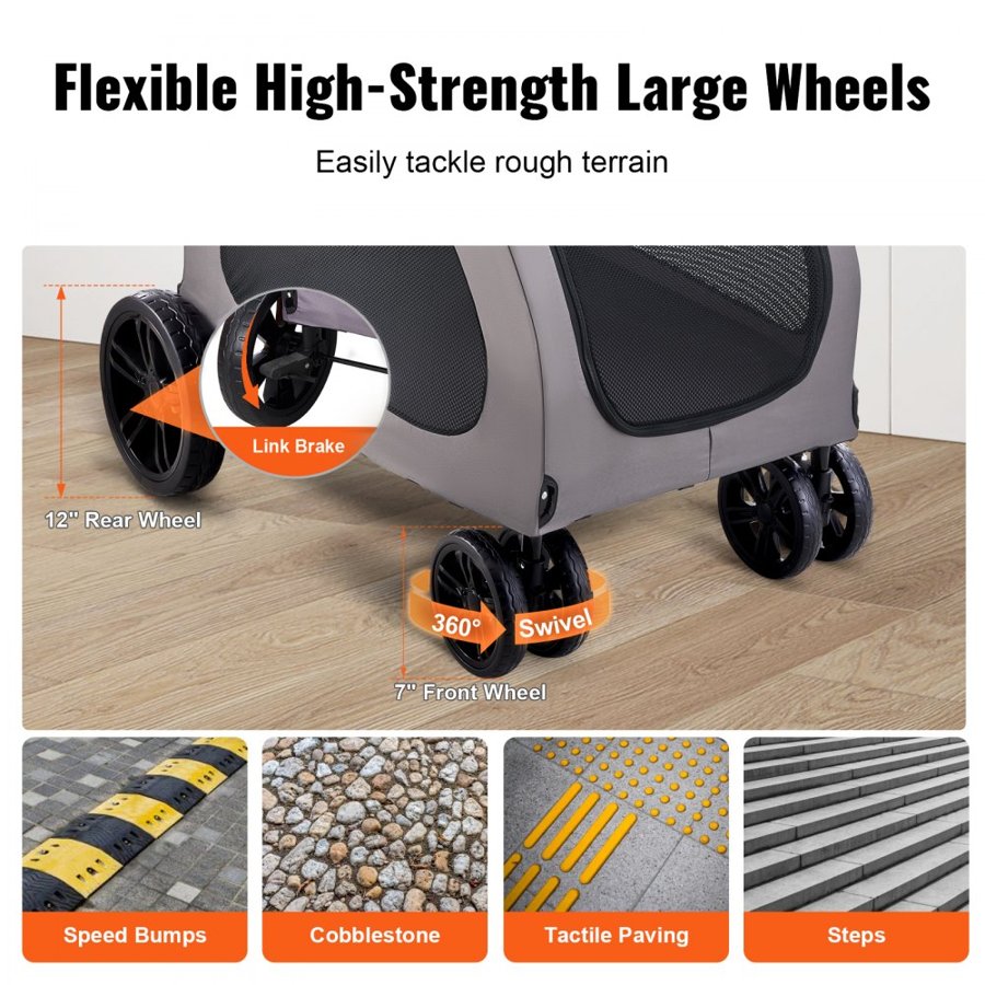 VEVOR Pet Stroller, 4 Wheels Dog Stroller with Brakes, 160lbs Weight Capacity, Portable Puppy Stroller Carrier with Breathable Mesh Windows & Height-Adjustable Height, Animal Stroller for Cats & Dogs