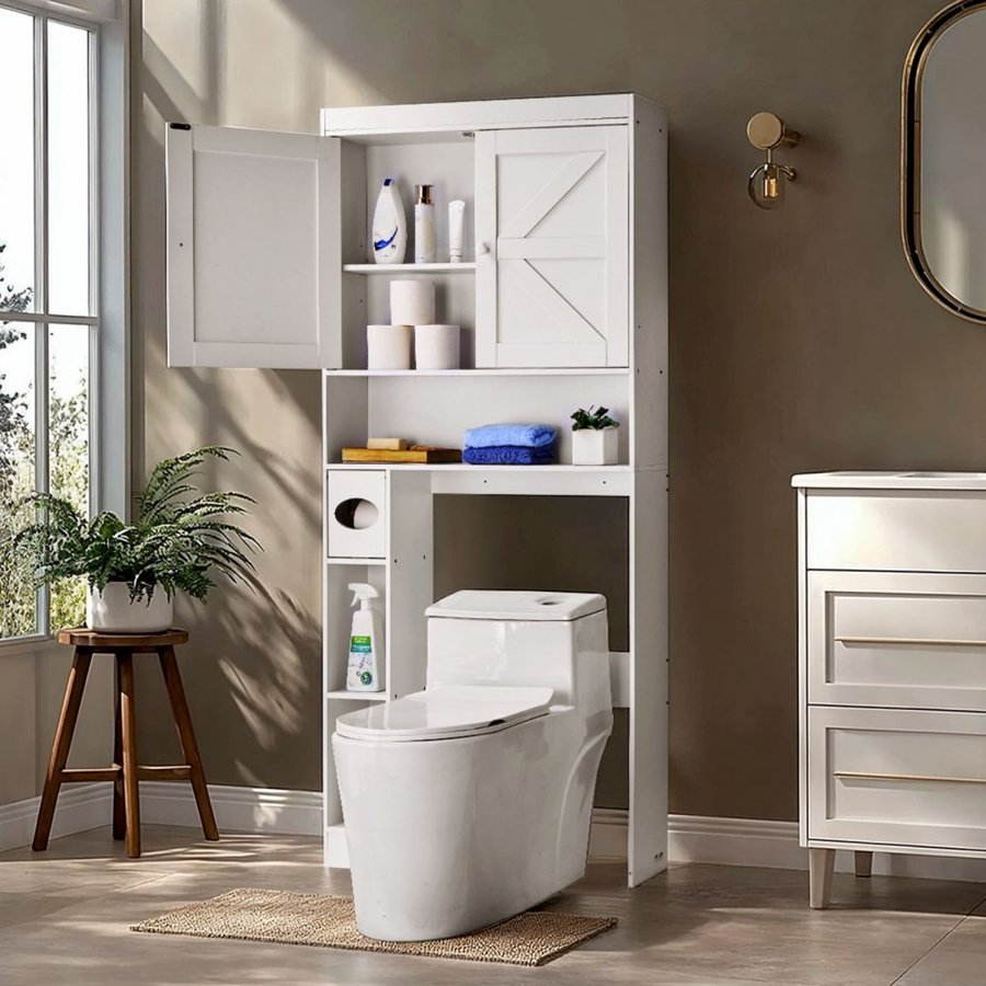 VEVOR Over The Toilet Storage Cabinet, 171.3 cm Height Bathroom Storage Organizer with Double Door and Adjustable Shelf, Bathroom Space Saver Organizer Above Toilet with Open Shelf, White