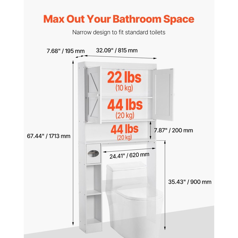 VEVOR Over The Toilet Storage Cabinet, 171.3 cm Height Bathroom Storage Organizer with Double Door and Adjustable Shelf, Bathroom Space Saver Organizer Above Toilet with Open Shelf, White