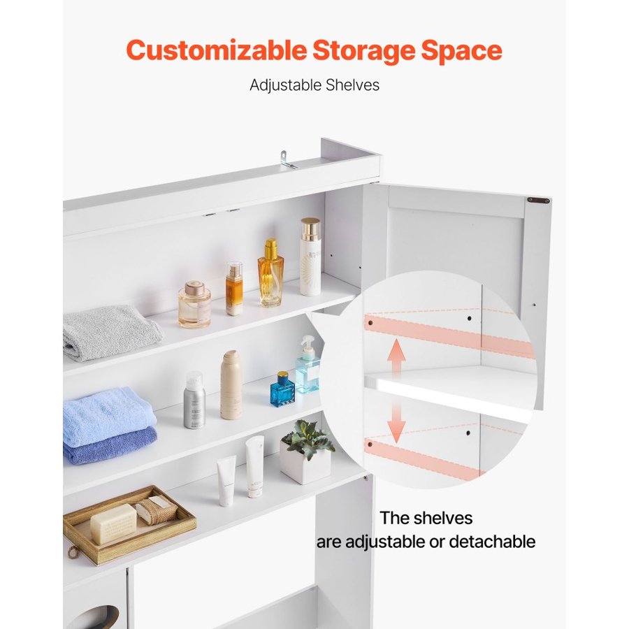 VEVOR Over The Toilet Storage Cabinet, 171.3 cm Height Bathroom Storage Organizer with Double Door and Adjustable Shelf, Bathroom Space Saver Organizer Above Toilet with Open Shelf, White