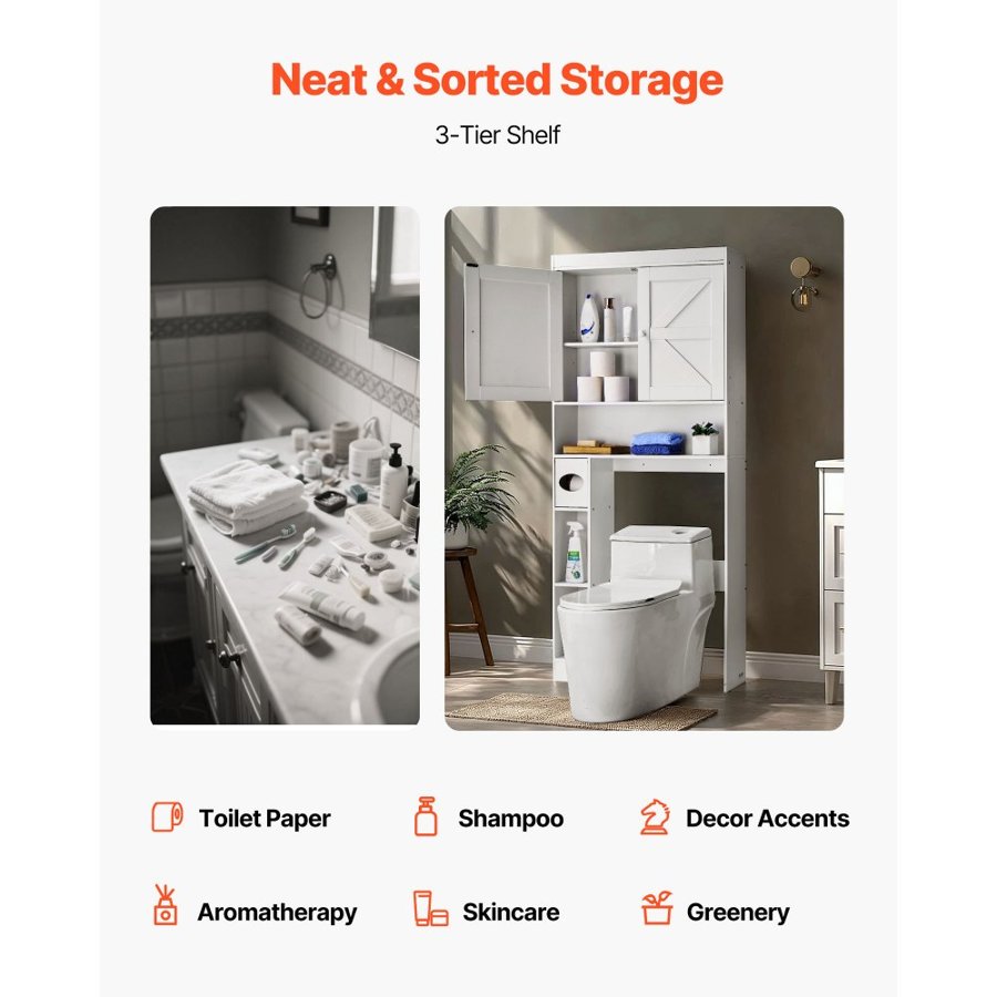 VEVOR Over The Toilet Storage Cabinet, 171.3 cm Height Bathroom Storage Organizer with Double Door and Adjustable Shelf, Bathroom Space Saver Organizer Above Toilet with Open Shelf, White