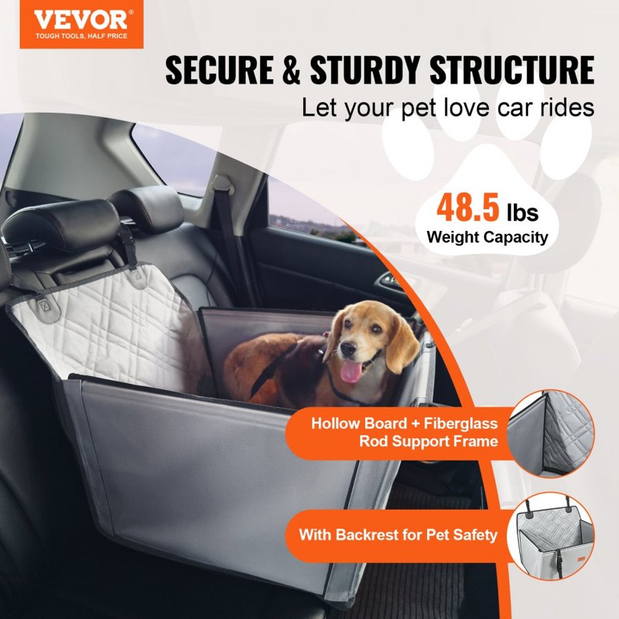 VEVOR Dog Car Seat, Waterproof Dog Booster Seat for Car with Support Frame, Pet Car Seat with Clip-On Safety Leash, Dog Car Bed for Small, Medium and Large Dog up to 48.5 lbs, Gray
