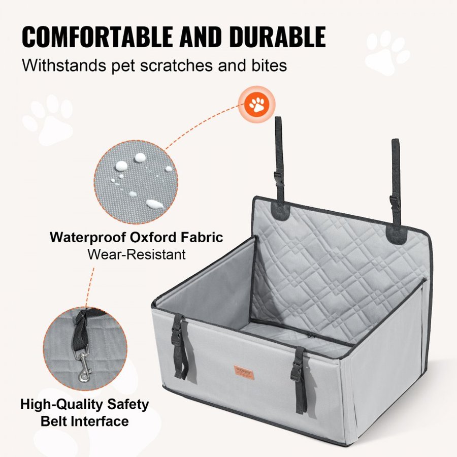 VEVOR Dog Car Seat, Waterproof Dog Booster Seat for Car with Support Frame, Pet Car Seat with Clip-On Safety Leash, Dog Car Bed for Small, Medium and Large Dog up to 48.5 lbs, Gray