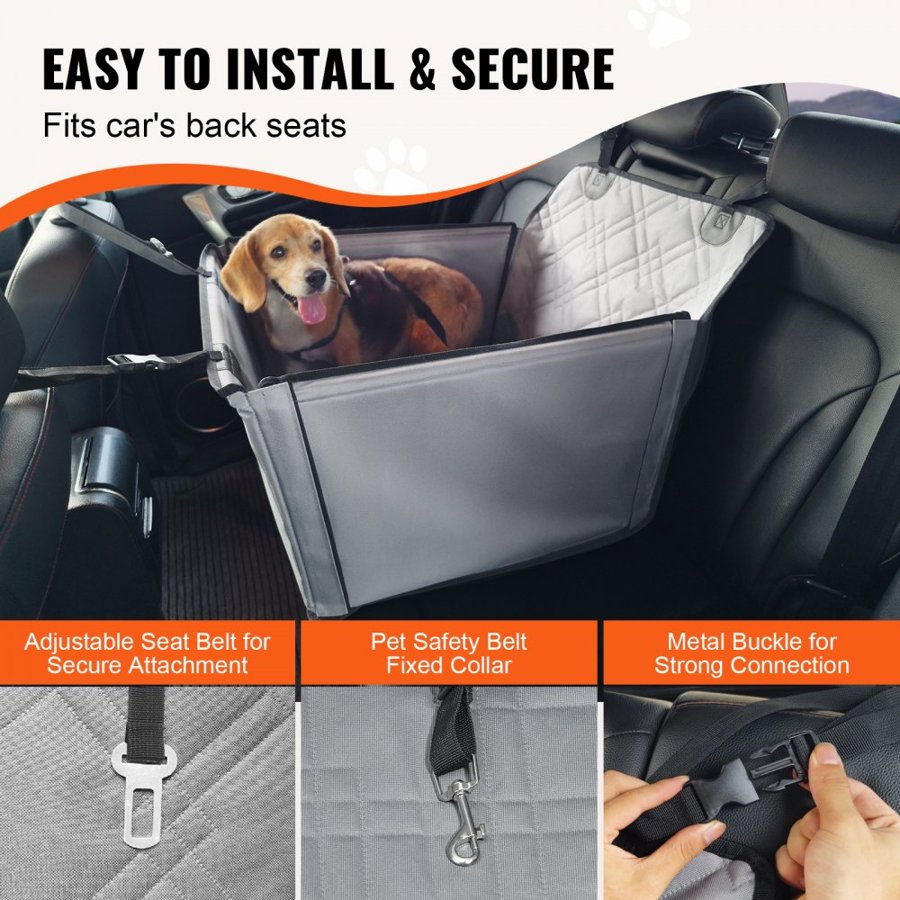 VEVOR Dog Car Seat, Waterproof Dog Booster Seat for Car with Support Frame, Pet Car Seat with Clip-On Safety Leash, Dog Car Bed for Small, Medium and Large Dog up to 48.5 lbs, Gray
