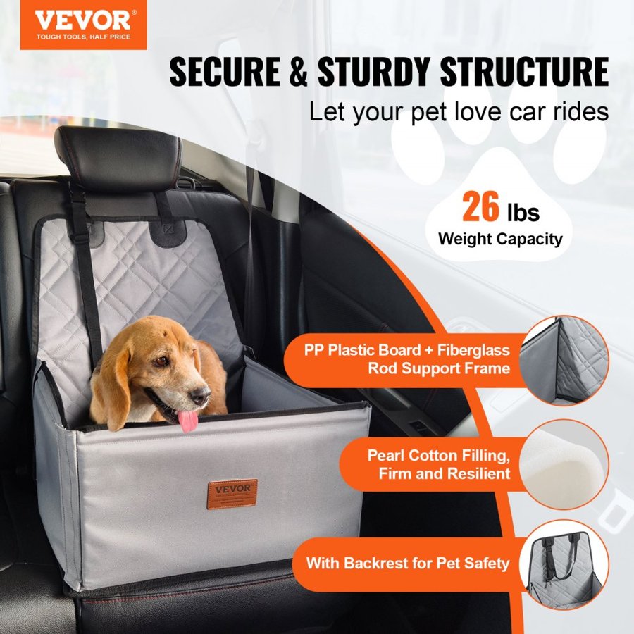 VEVOR Dog Car Seat, Dog Booster Seat for Car with  Support Frame, Pet Car Seat with Clip-On Safety Leash, Cotton Filling, Dog Car Bed for Small Dog up to 26 lbs, Gray