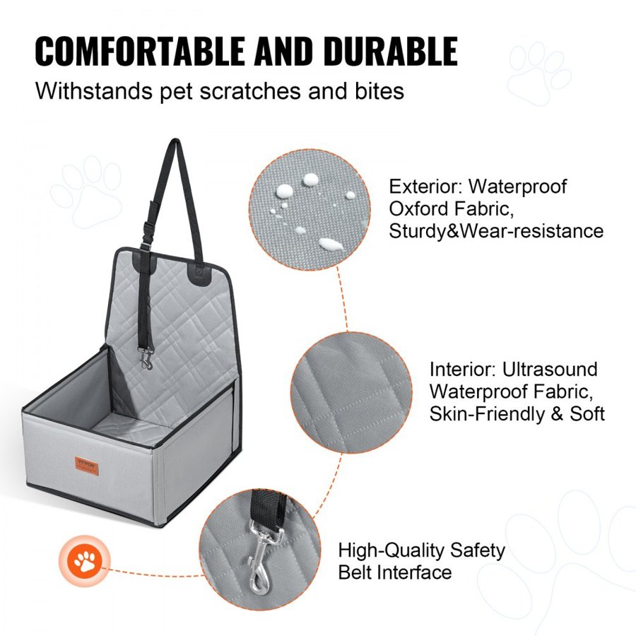 VEVOR Dog Car Seat, Dog Booster Seat for Car with  Support Frame, Pet Car Seat with Clip-On Safety Leash, Cotton Filling, Dog Car Bed for Small Dog up to 26 lbs, Gray