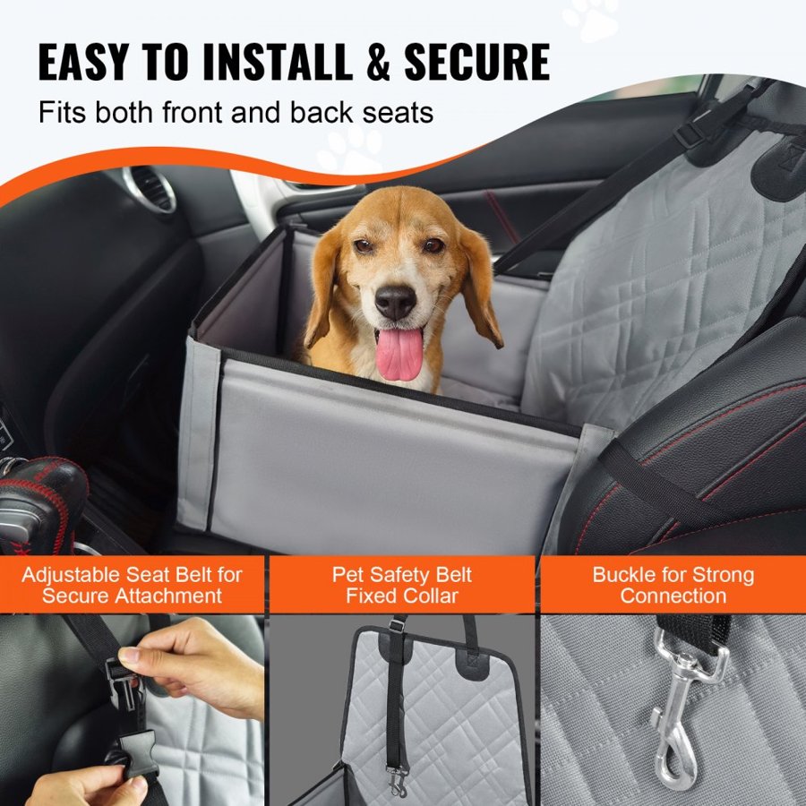 VEVOR Dog Car Seat, Dog Booster Seat for Car with  Support Frame, Pet Car Seat with Clip-On Safety Leash, Cotton Filling, Dog Car Bed for Small Dog up to 26 lbs, Gray
