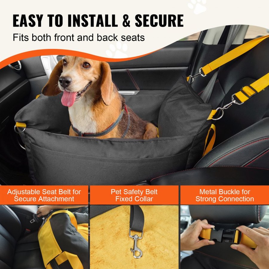 VEVOR Dog Car Seat, Waterproof Dog Booster Seat for Car with Side Handles and A Storage Pocket, Clip-On Safety Leash and PP Cotton Filling, Dog Car Bed for Small Dog up to 25lbs, Black