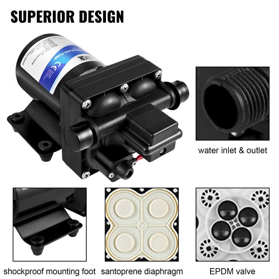 VEVOR Fresh Water Pump, 12 V Self Priming Sprayer Pump, 11 L/min(3 GPM) RV Water Pump, with Pressure Switch 3.8 bar(55 PSI) Self Priming Water Pump, Detachable Strainer 12V Diaphragm Pump, for RV Camper Marine Boat Lawn