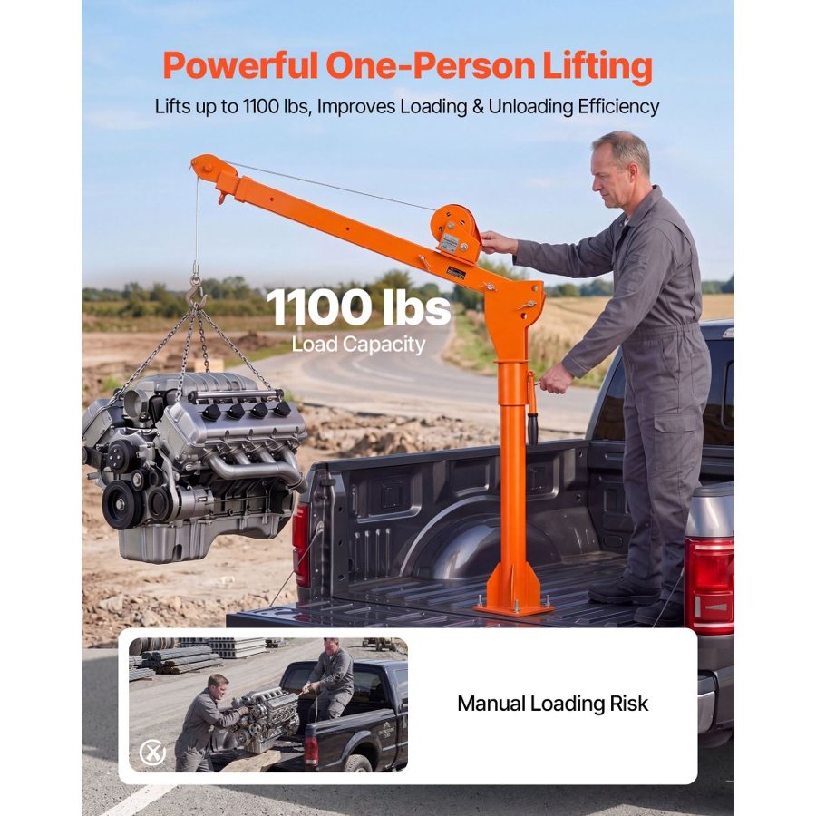 VEVOR kravas auto celtnis, 499 kg manuāls pikapa celtnis ar rokas vinču, 360° rotējošs teleskopisks, iekārtu kokmateriālu bēniņu smagu kravu pacelšanai