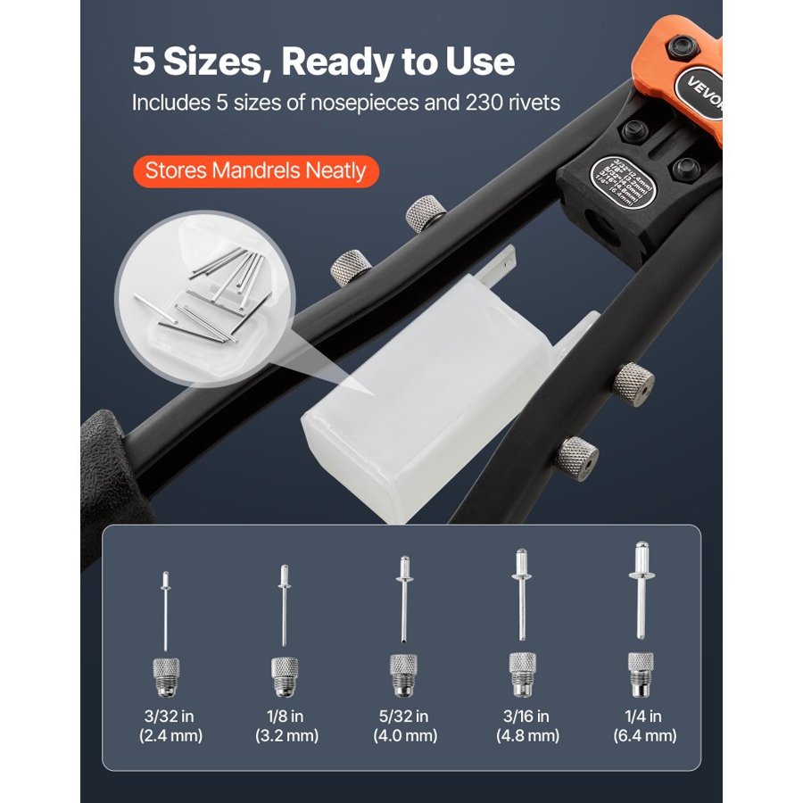 VEVOR Manual Pop Rivet Gun – 230 Rivets, 5 Nosepieces, Case