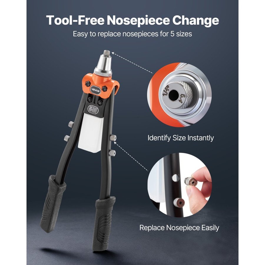 VEVOR Manual Pop Rivet Gun – 230 Rivets, 5 Nosepieces, Case