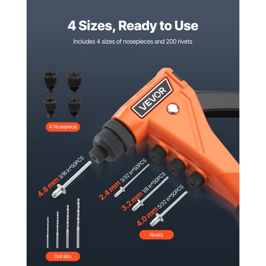 VEVOR Pop Rivet Gun Kit – 200 Rivets, 4 Nosepieces, 9-Inch