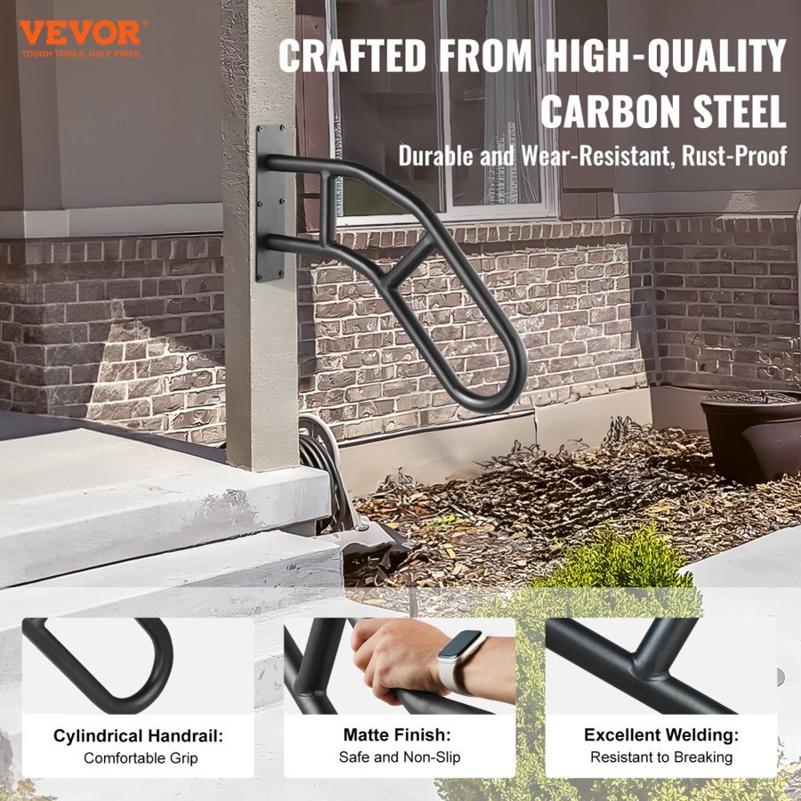 VEVOR Handrails for Outdoor Steps, 29" Length Wall Mount Safety Railings for 1-3 Steps, U-Shaped Handrail with Matte Black Finished, Stair Handrails for Kids, Elderly, Pregnant Women, Disabled