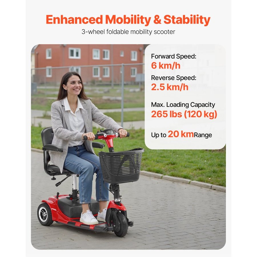 VEVOR 3-Wheel Electric Mobility Scooter for Adult & Seniors, Foldable Mobility Scooter with 20KM Long Range, All Terrain Travel Wheelchair with Anti-slip Wheels, 9° Climbing Capacity & 120kg Loading