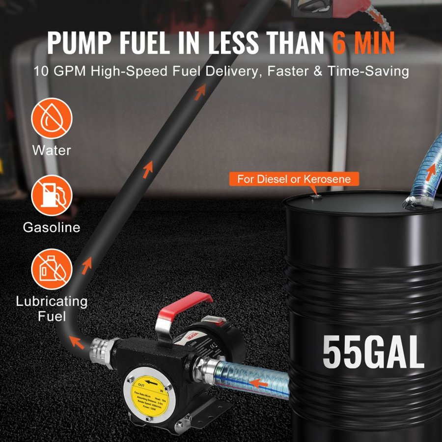 VEVOR 12V DC Electric Fuel Transfer Pump – 10 GPM, 1/4 HP