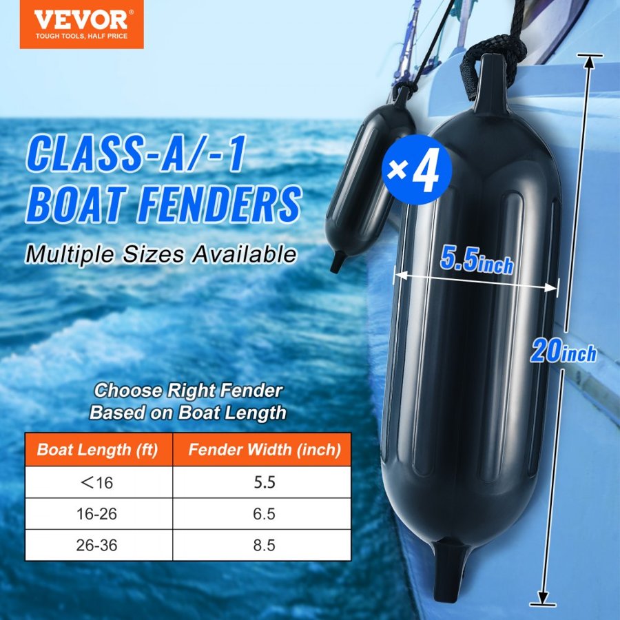 VEVOR Boat Fenders, 14 cm x 51 cm Boat Bumpers for Docking, Inflatable Ribbed Fender with Center Holes, Marine Boat Dock Fender Bumper with Air Pump, 4 Needles and 4 Ropes and Storage Bag, Black