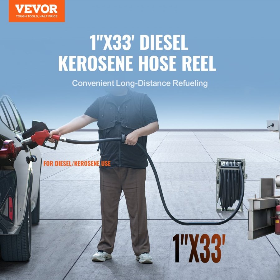 VEVOR Fuel Hose Reel, 25.4 mm x 10.06 m, Extra Long Retractable Diesel Hose Reel, Heavy-Duty Carbon Steel Construction with Automatic Fuel Nozzle, NBR Rubber Hose for Aircraft Ship Vehicle Tank Truck, 20.68 bar