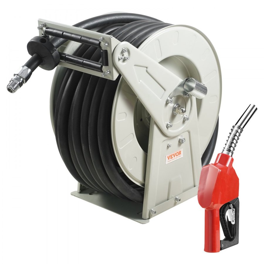 VEVOR Fuel Hose Reel, 25.4 mm x 15.24 m, Extra Long Retractable Diesel Hose Reel, Heavy-Duty Carbon Steel Construction with Automatic Fuel Nozzle, NBR Rubber Hose for Aircraft Ship Vehicle Tank Truck, 20.68 bar