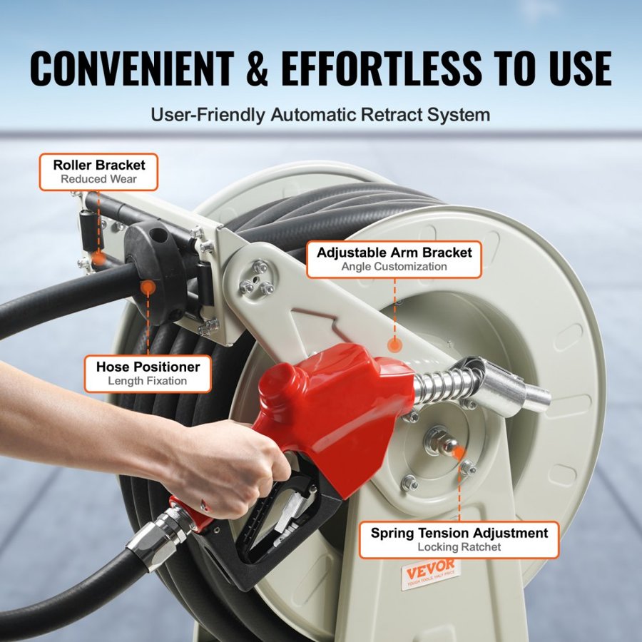VEVOR Fuel Hose Reel, 19.05 mm x 15.24 m, Extra Long Retractable Diesel Hose Reel, Heavy-Duty Carbon Steel Construction with Automatic Fuel Nozzle, NBR Rubber Hose for Aircraft Ship Vehicle Tank Truck, 20.68 bar