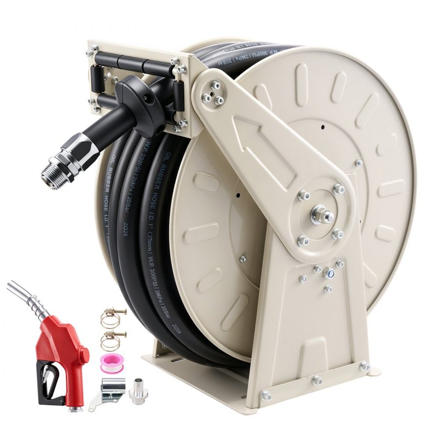 VEVOR Fuel Hose Reel, 25.4 x 15000 mm Retractable, Spring Driven Auto Swivel Rewind, 300 PSI, Heavy-Duty Carbon Steel Construction with Industrial Grade Rubber Hose, for Diesel Fuel, Kerosene