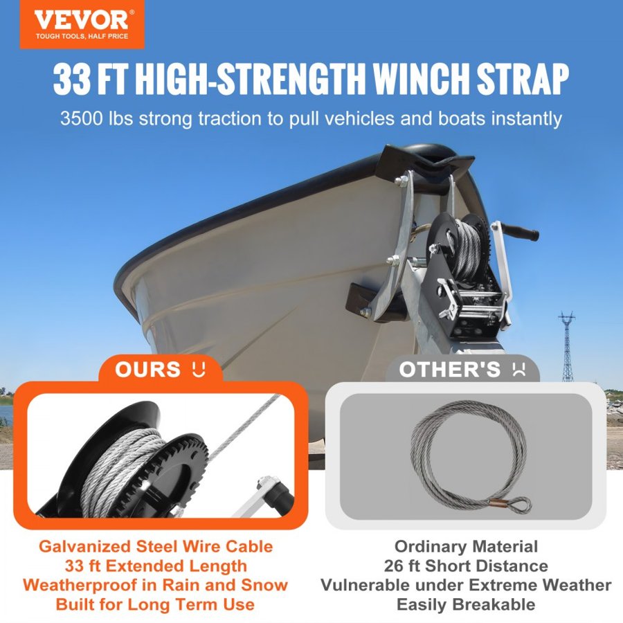 VEVOR Hand Winch, 1587.6 kg Pulling Capacity, Boat Trailer Winch Heavy Duty Rope Crank with 1005.8 cm Steel Wire Cable and Two-Way Ratchet, Manual Operated Hand Crank Winch for Trailer, Boat or ATV Towing