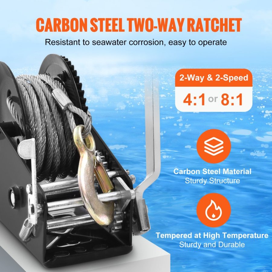 VEVOR Hand Winch, 1587.6 kg Pulling Capacity, Boat Trailer Winch Heavy Duty Rope Crank with 1005.8 cm Steel Wire Cable and Two-Way Ratchet, Manual Operated Hand Crank Winch for Trailer, Boat or ATV Towing