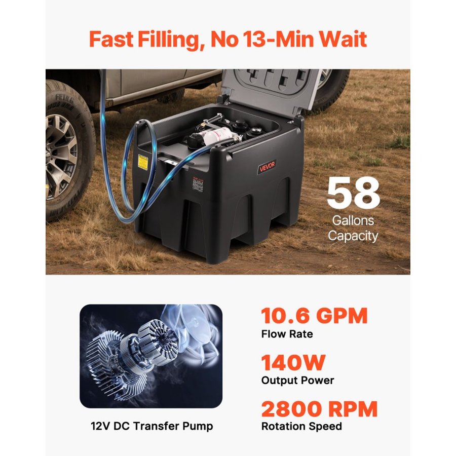 VEVOR Portable Diesel Transfer Tank – 58 Gal, 10.6 GPM