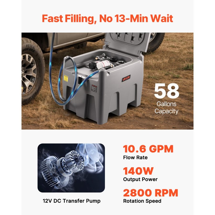 VEVOR Diesel Portable Fuel Tank – 58 Gal, 10.6 GPM, 12V Pump