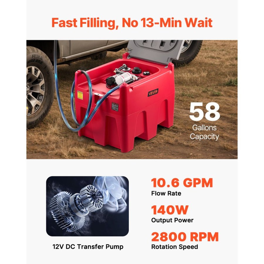 VEVOR Diesel Fuel Portable Tank – 58 Gal, 12V Pump, 10.6 GPM