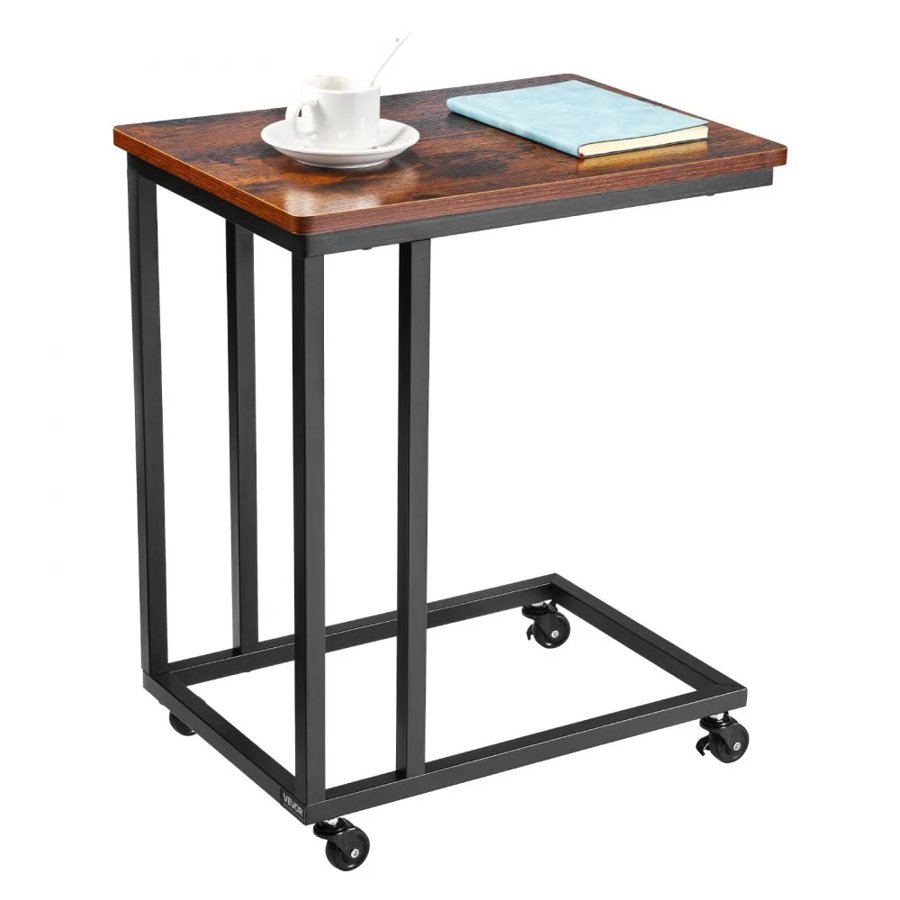 VEVOR C Table, C Shaped Sofa Side Table with Metal Frame Rolling Casters, Portable C Shaped End Stand for Living Room Bedroom Office, 19.69 x 13.78 x 23.82 inches Laptop Side Tables, Brown and Black