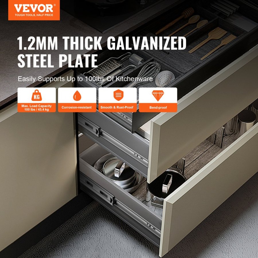 VEVOR 10 Pairs of 558.8mm Drawer Slides Side Mount Rails, Heavy Duty Full Extension Steel Track, Soft-Close Noiseless Guide Glides Cabinet Kitchen Runners with Ball Bearing, 100 Lbs Load Capacity