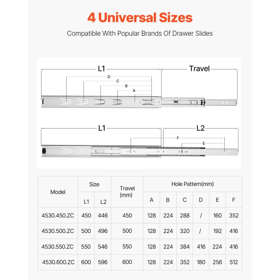 VEVOR Drawer Slides, 18 inch, 10 Pairs Full Extension Ball Bearing Cabinet Rails, 100 LB Load Capacity Heavy Duty Side Mount Dresser Drawer Slides, Drawer Track Runners for Kitchen DIY Replacement