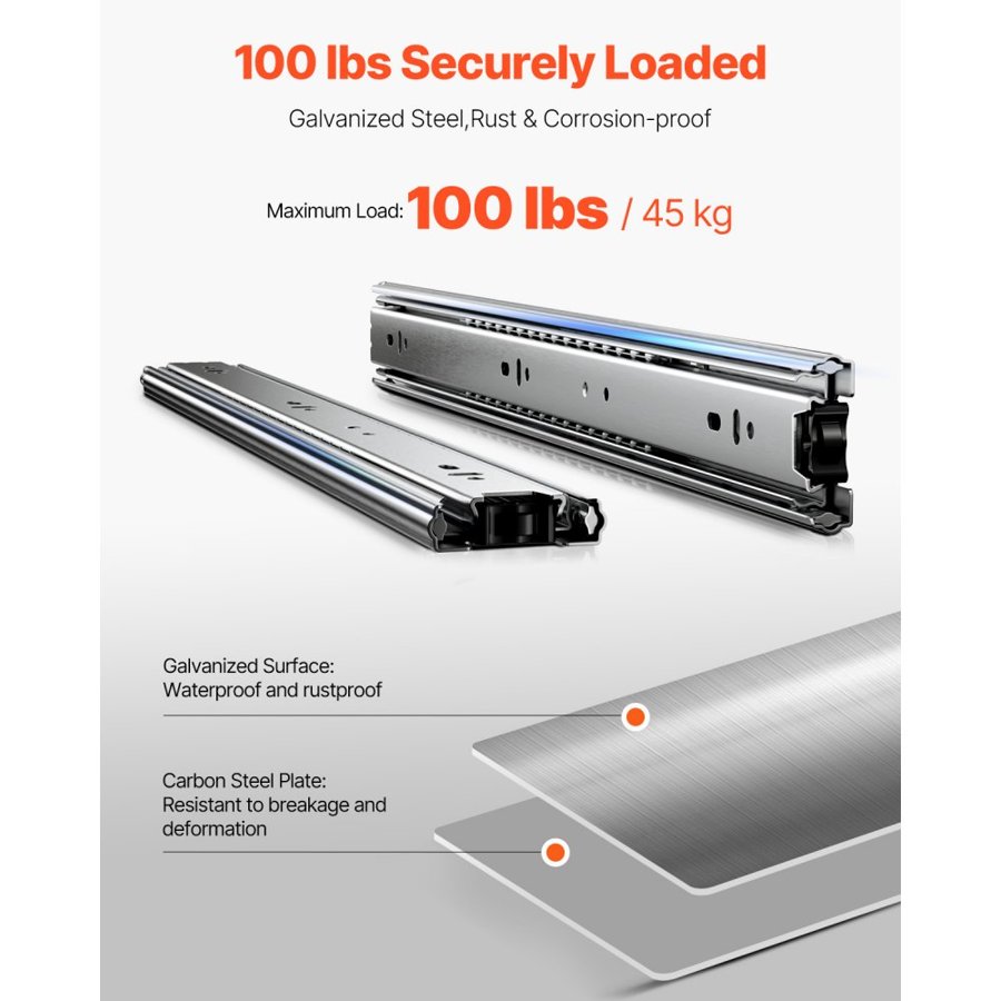 VEVOR Drawer Slides, 18 inch, 10 Pairs Full Extension Ball Bearing Cabinet Rails, 100 LB Load Capacity Heavy Duty Side Mount Dresser Drawer Slides, Drawer Track Runners for Kitchen DIY Replacement