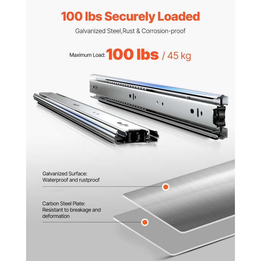 VEVOR Drawer Slides, 22 inch, 10 Pairs Full Extension Ball Bearing Cabinet Rails, 100 LB Load Capacity Heavy Duty Side Mount Dresser Drawer Slides, Drawer Track Runners for Kitchen DIY Replacement