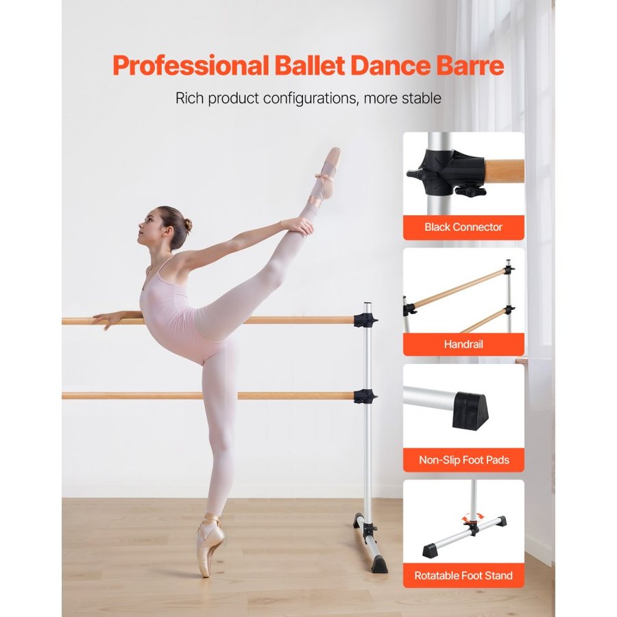 VEVOR Ballet Barre, Double Beechwood Barre Bar for Home, Freestanding Portable Ballet Stretching Dance Bars, Height Adjustable Anti-Wobble Fitness Gym Equipment, for Pilates Balance Workout