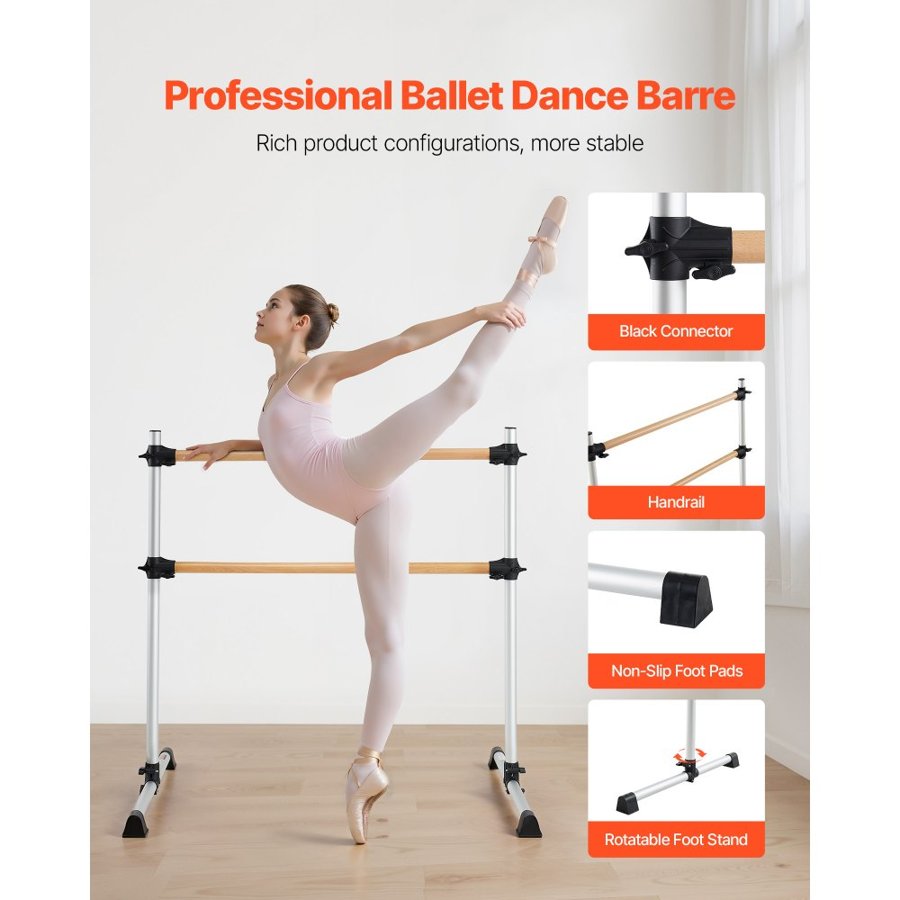 VEVOR Ballet Barre, Double Beechwood Barre Bar for Home, Freestanding Portable Ballet Stretching Dance Bars, Height Adjustable Anti-Wobble Fitness Gym Equipment, for Pilates Balance Workout
