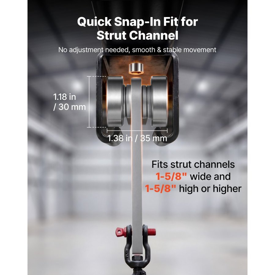 VEVOR 8 Wheel Trolley Assembly Rollers, 4 Pcs 1361 kg Load, Dual Bearing Trolley Assembly for 1-5/8" Wide and All 1-5/8" or Taller Strut Channel, Heavy Duty Sliding Track System for Warehouse Garage
