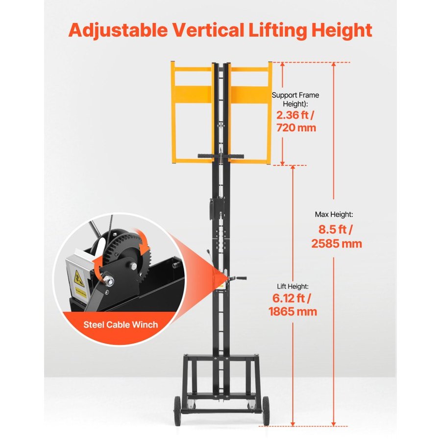 VEVOR Drywall Lift, Heavy-Duty 68 kg Sheetrock Hoist for Ceiling & Wall Installation, One Person Drywall Installation, 1219x4878 mm Max. Panel Vertical Lifter with Wheels, Easy Transport (Yellow)