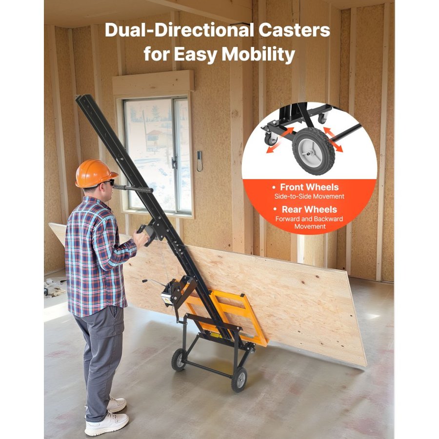 VEVOR Drywall Lift, Heavy-Duty 68 kg Sheetrock Hoist for Ceiling & Wall Installation, One Person Drywall Installation, 1219x4878 mm Max. Panel Vertical Lifter with Wheels, Easy Transport (Yellow)