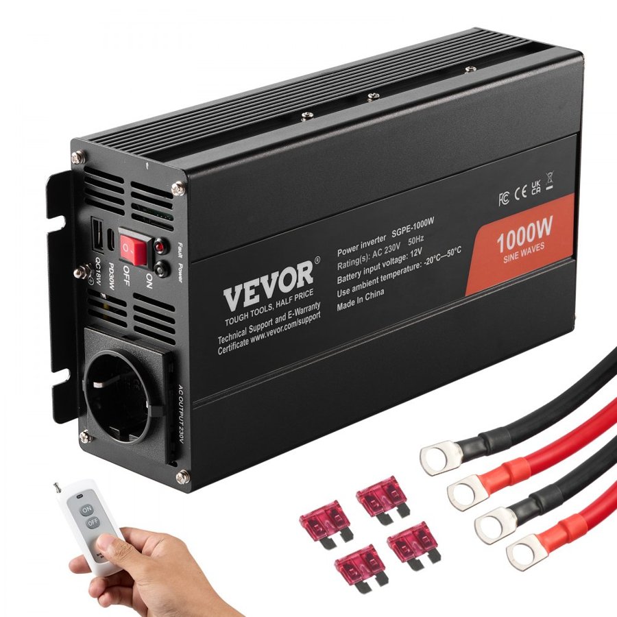 VEVOR 1000 Watt Pure Sine Wave Inverter – 12V to 230V AC