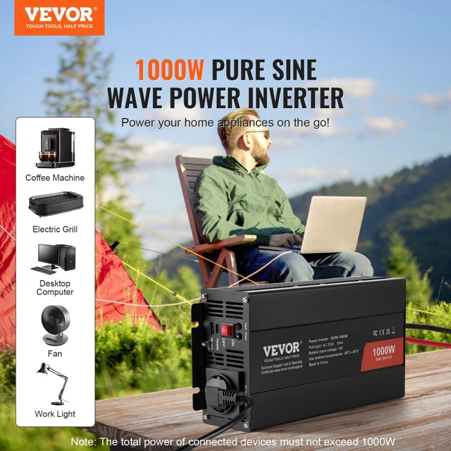 VEVOR 1000 Watt Pure Sine Wave Inverter – 12V to 230V AC