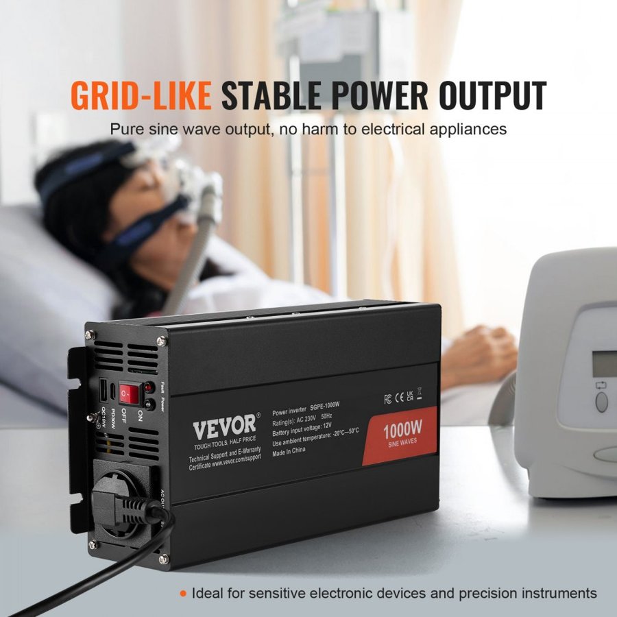 VEVOR 1000 Watt Pure Sine Wave Inverter – 12V to 230V AC
