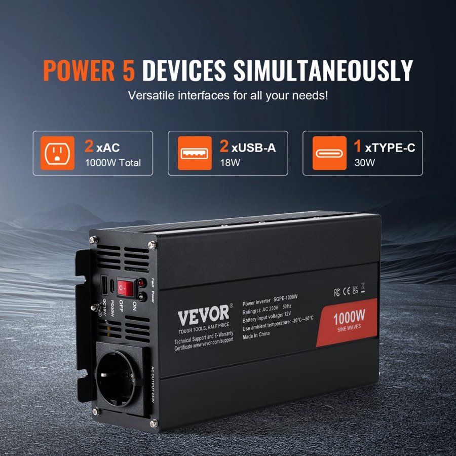 VEVOR 1000 Watt Pure Sine Wave Inverter – 12V to 230V AC