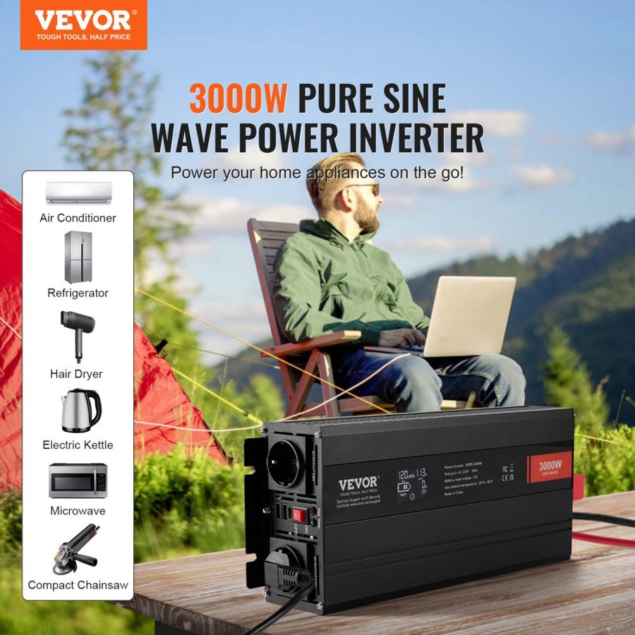 VEVOR 3000 Watt Pure Sine Wave Inverter – DC 12V, 5 Ports