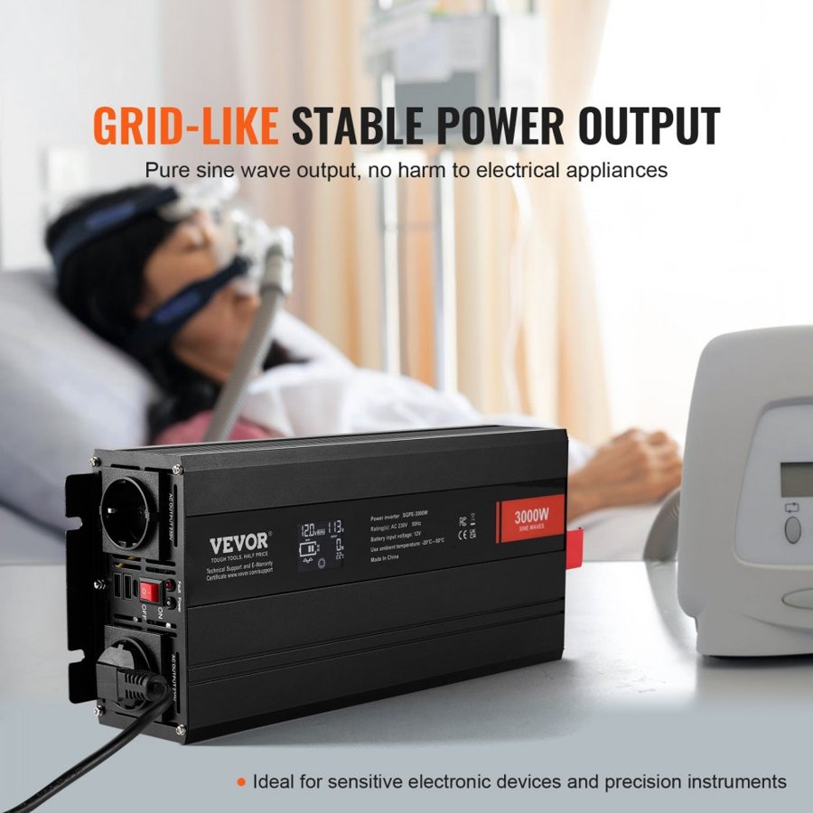 VEVOR 3000 Watt Pure Sine Wave Inverter – DC 12V, 5 Ports