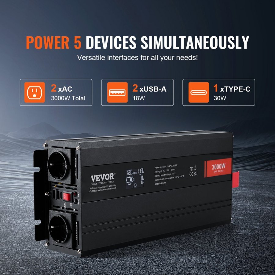 VEVOR 3000 Watt Pure Sine Wave Inverter – DC 12V, 5 Ports